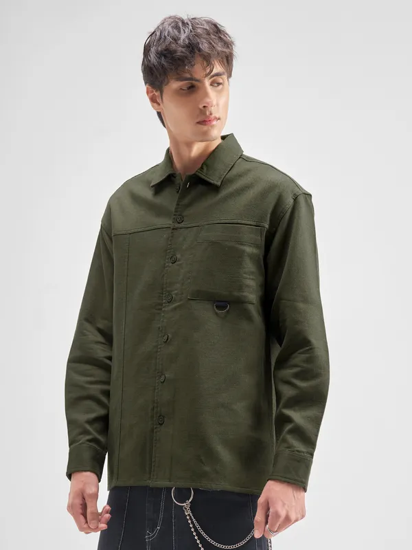 Highlander Men Olive Self Design Oversized Fit Casual Shirt
