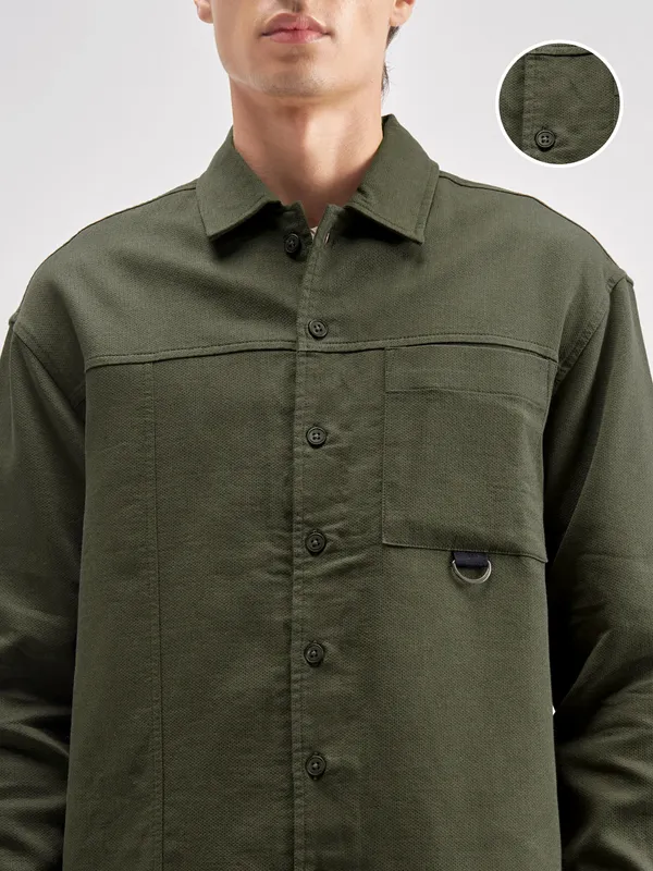 Highlander Men Olive Self Design Oversized Fit Casual Shirt
