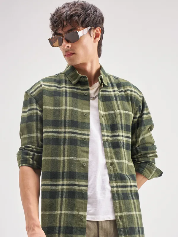 Highlander Men Olive Checked Oversized Fit Casual Shirt