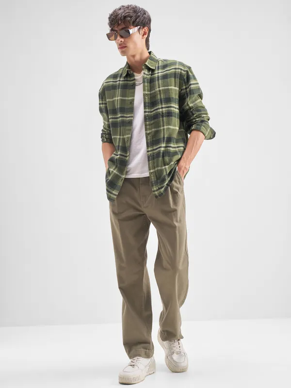 Highlander Men Olive Checked Oversized Fit Casual Shirt