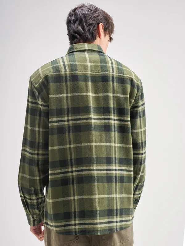 Highlander Men Olive Checked Oversized Fit Casual Shirt