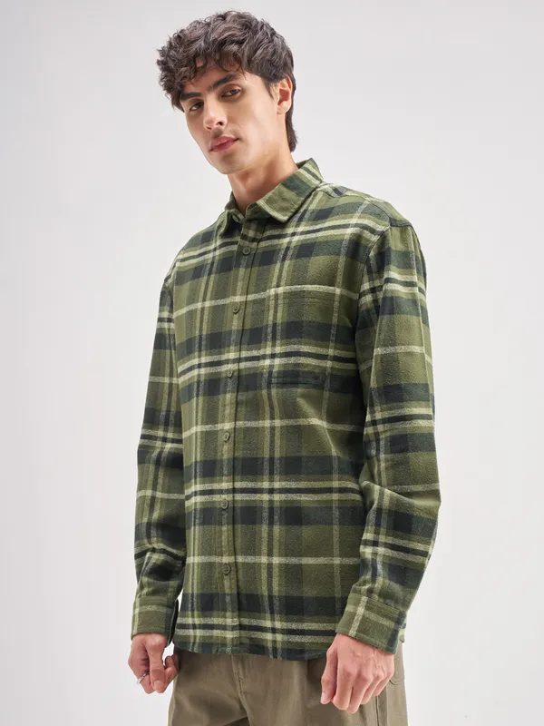 Highlander Men Olive Checked Oversized Fit Casual Shirt