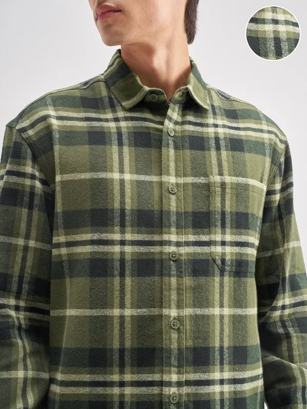 Highlander Men Olive Checked Oversized Fit Casual Shirt