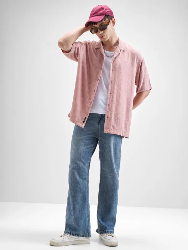 Highlander Men Pink Self Design Oversized Fit Casual Shirt