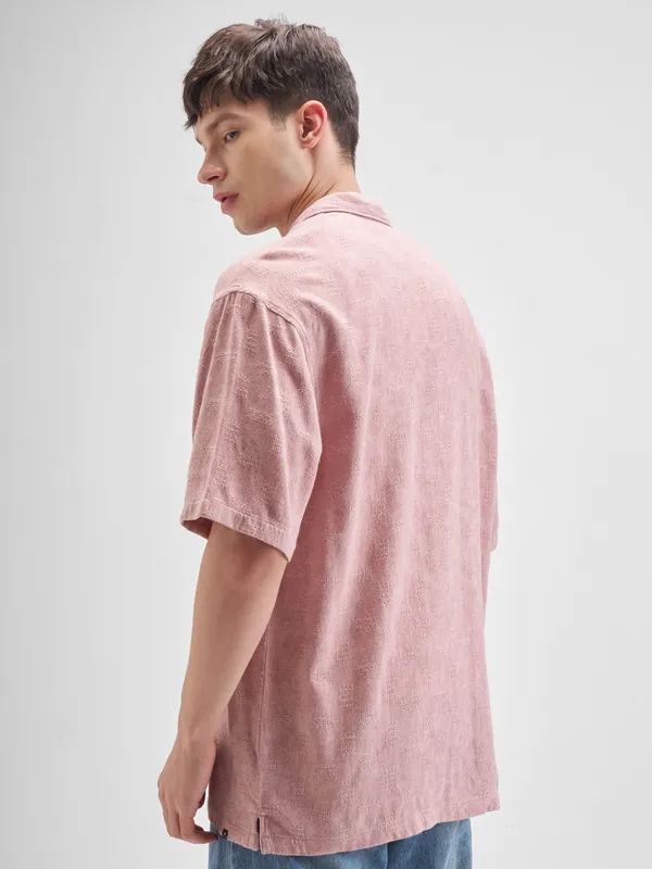Highlander Men Pink Self Design Oversized Fit Casual Shirt