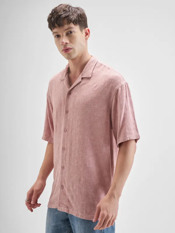 Highlander Men Pink Self Design Oversized Fit Casual Shirt