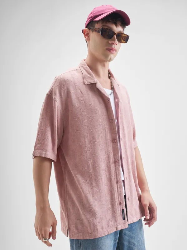 Highlander Men Pink Self Design Oversized Fit Casual Shirt