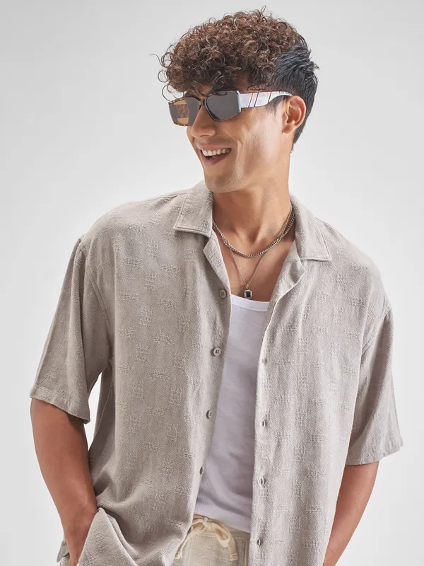 Highlander Men Beige Self Design Oversized Fit Casual Shirt