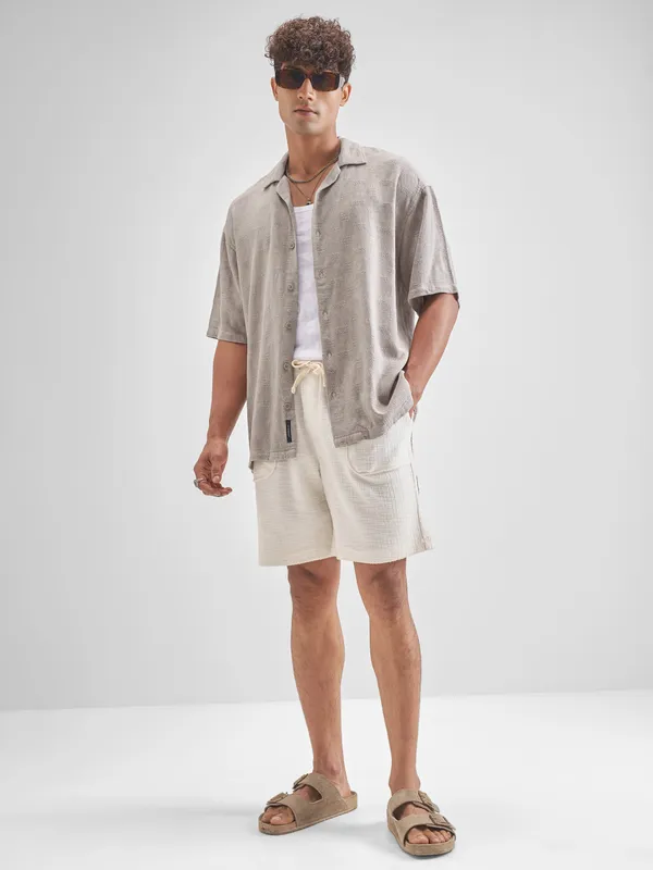 Highlander Men Beige Self Design Oversized Fit Casual Shirt