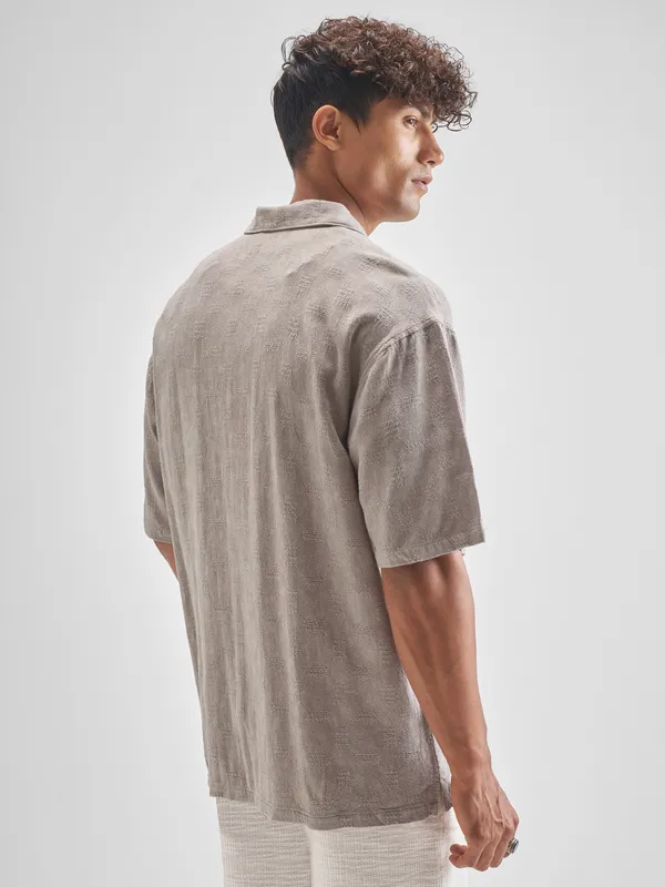 Highlander Men Beige Self Design Oversized Fit Casual Shirt