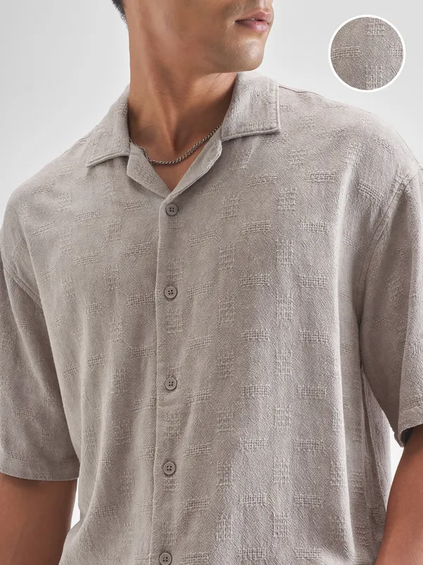 Highlander Men Beige Self Design Oversized Fit Casual Shirt