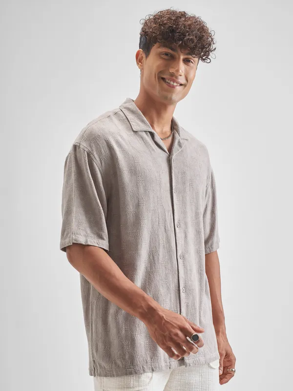 Highlander Men Beige Self Design Oversized Fit Casual Shirt