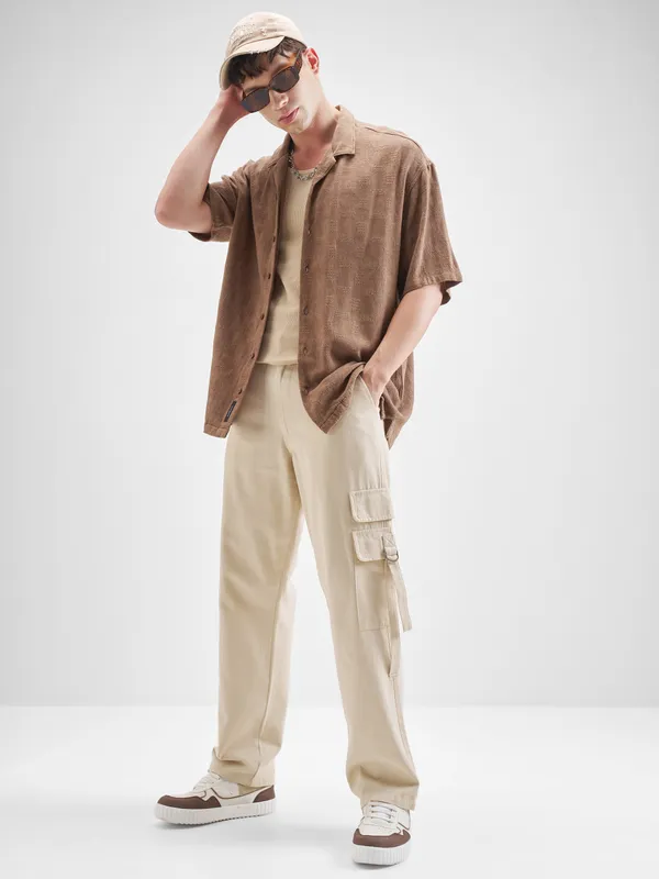 Highlander Men Brown Self Design Oversized Fit Casual Shirt