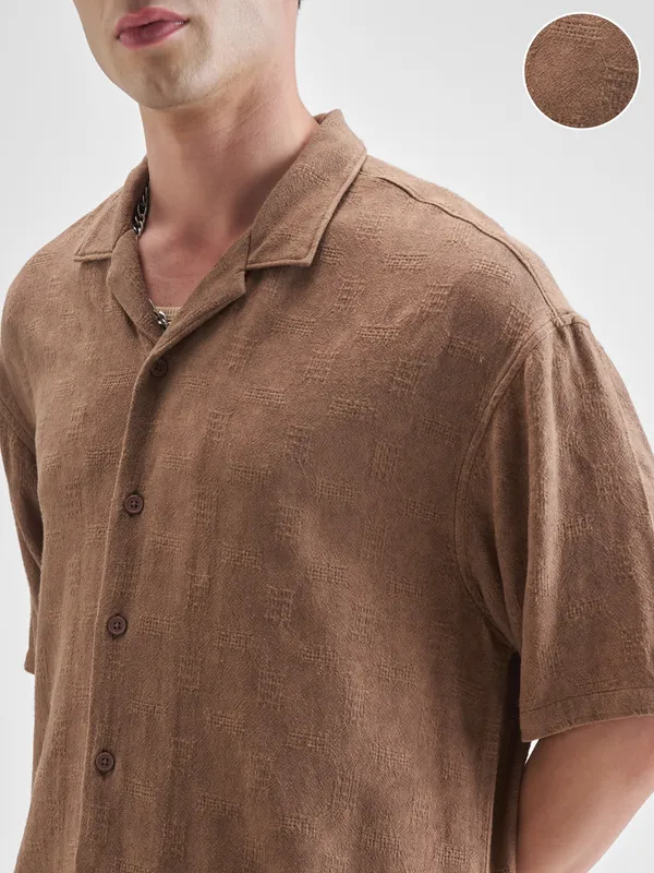 Highlander Men Brown Self Design Oversized Fit Casual Shirt