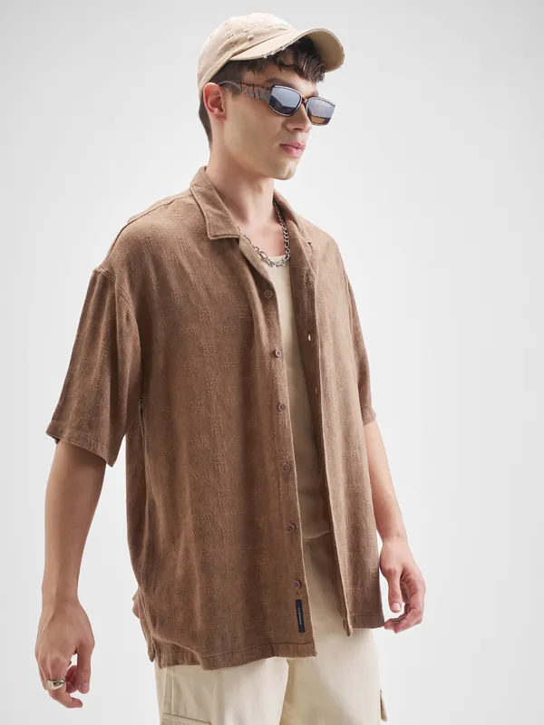 Highlander Men Brown Self Design Oversized Fit Casual Shirt