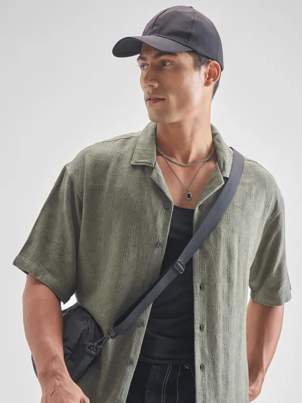Highlander Men Olive Self Design Oversized Fit Casual Shirt