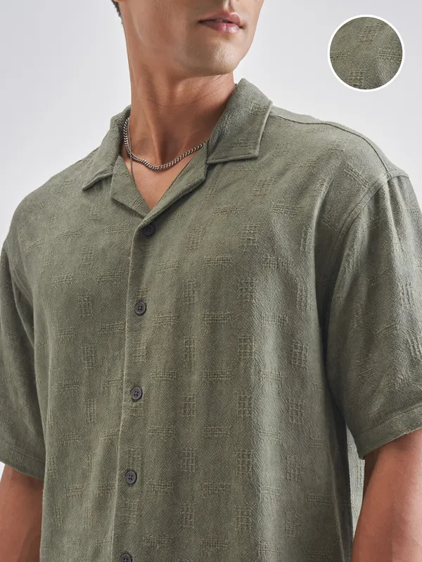 Highlander Men Olive Self Design Oversized Fit Casual Shirt