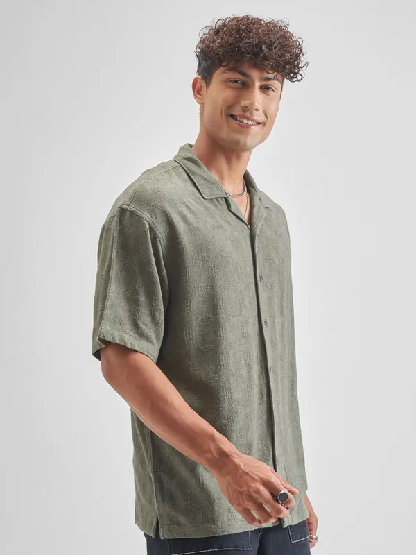 Highlander Men Olive Self Design Oversized Fit Casual Shirt