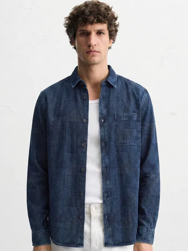 Highlander Men Navy Blue Self Design Oversized Fit Casual Shirt