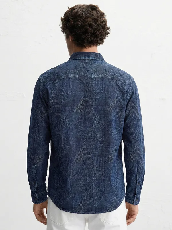 Highlander Men Navy Blue Self Design Oversized Fit Casual Shirt