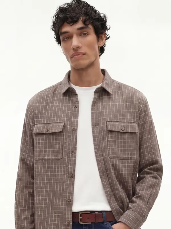 Highlander Men Taupe Checked Relaxed Fit Casual Shirt