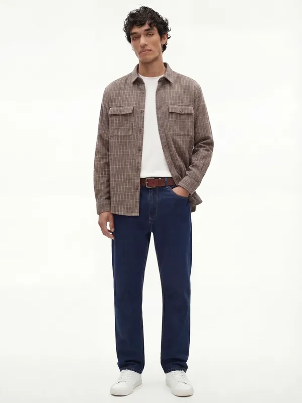 Highlander Men Taupe Checked Relaxed Fit Casual Shirt