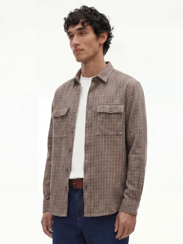 Highlander Men Taupe Checked Relaxed Fit Casual Shirt