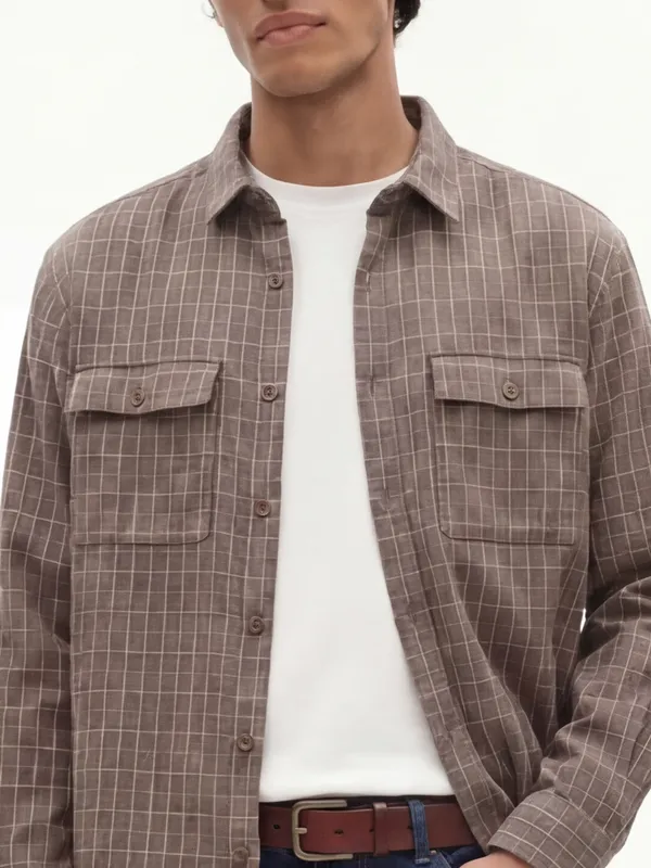 Highlander Men Taupe Checked Relaxed Fit Casual Shirt