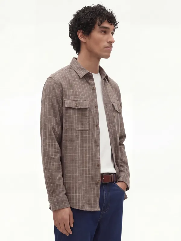 Highlander Men Taupe Checked Relaxed Fit Casual Shirt