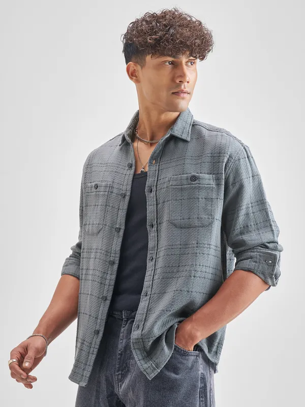 Highlander Men Blue Checked Relaxed Fit Casual Shirt