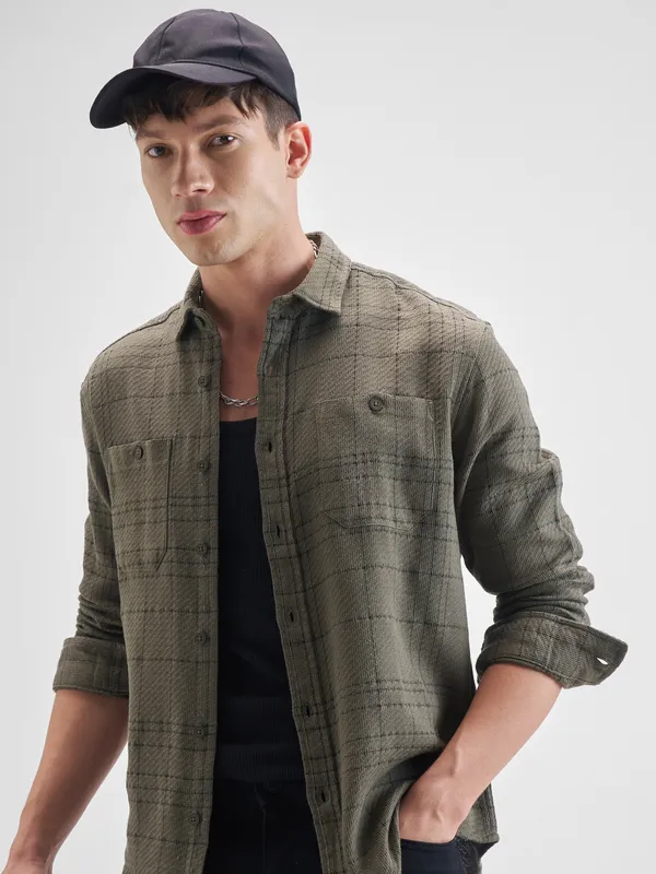 Highlander Men Olive Checked Oversized Fit Casual Shirt