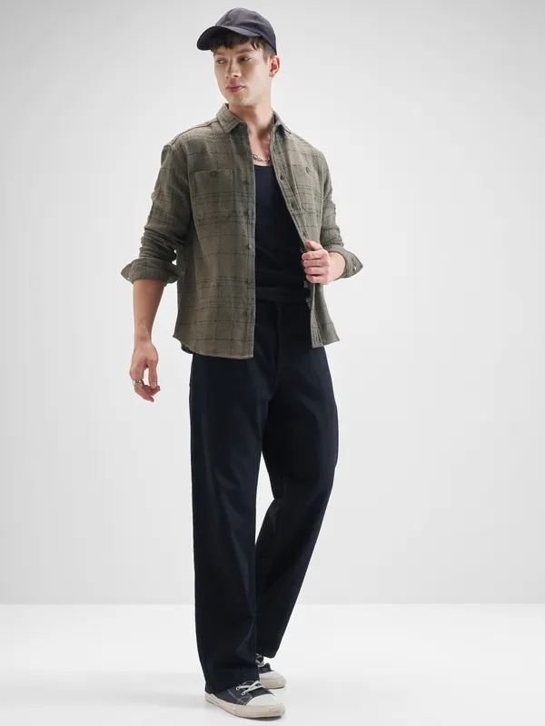 Highlander Men Olive Checked Oversized Fit Casual Shirt