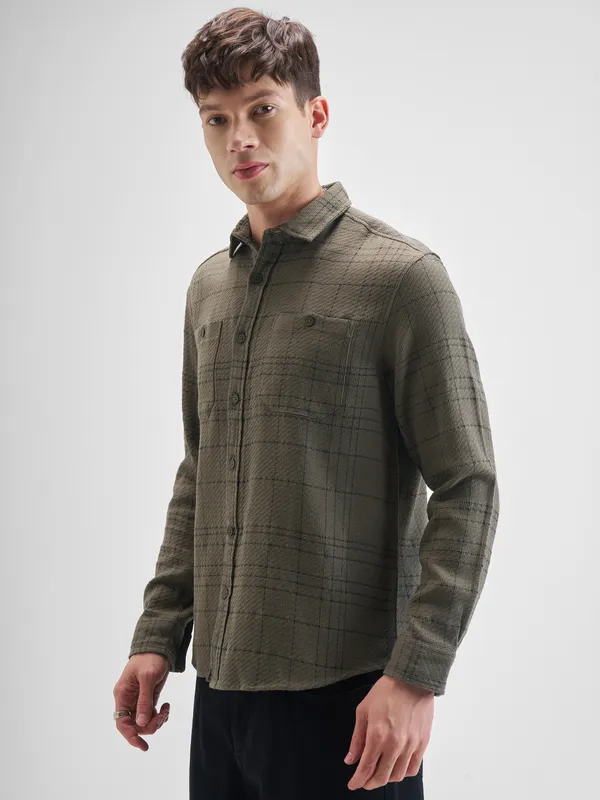 Highlander Men Olive Checked Oversized Fit Casual Shirt