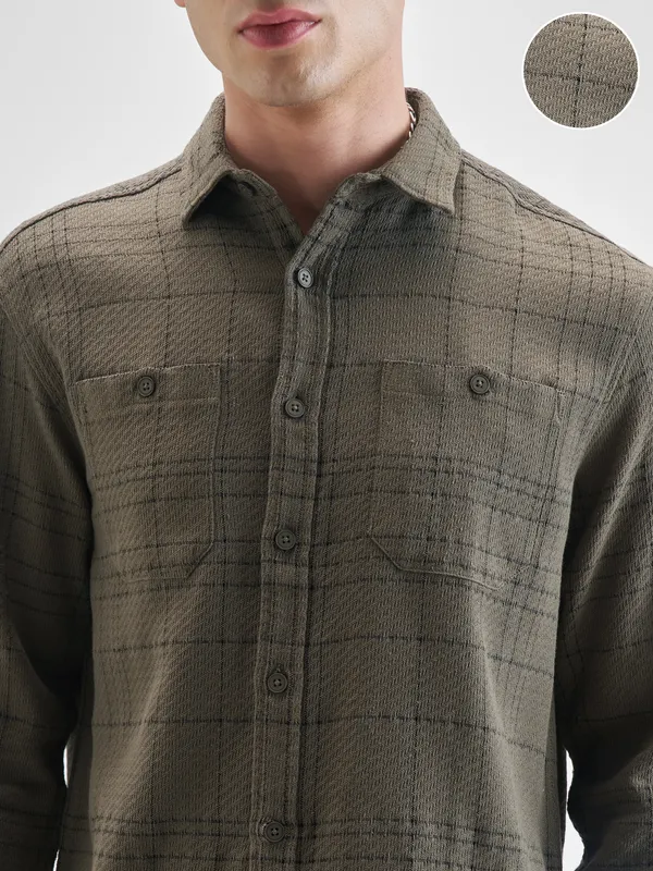 Highlander Men Olive Checked Oversized Fit Casual Shirt