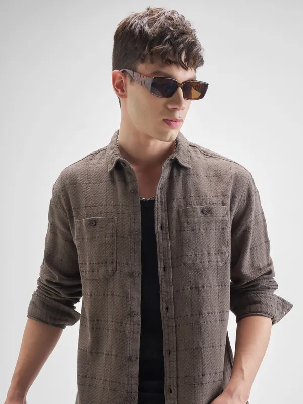 Highlander Men Brown Checked Relaxed Fit Casual Shirt