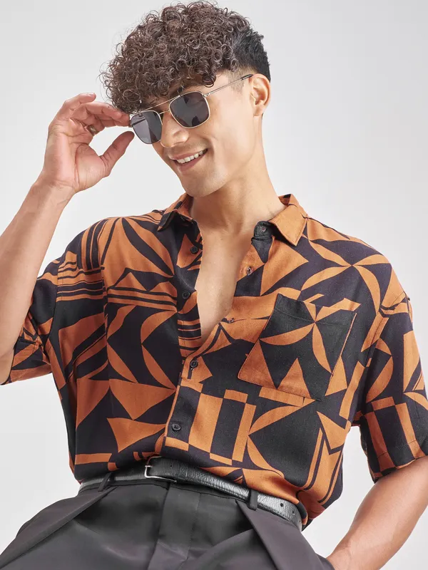 Highlander Men Rust Printed Oversized Fit Casual Shirt