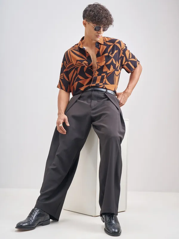 Highlander Men Rust Printed Oversized Fit Casual Shirt