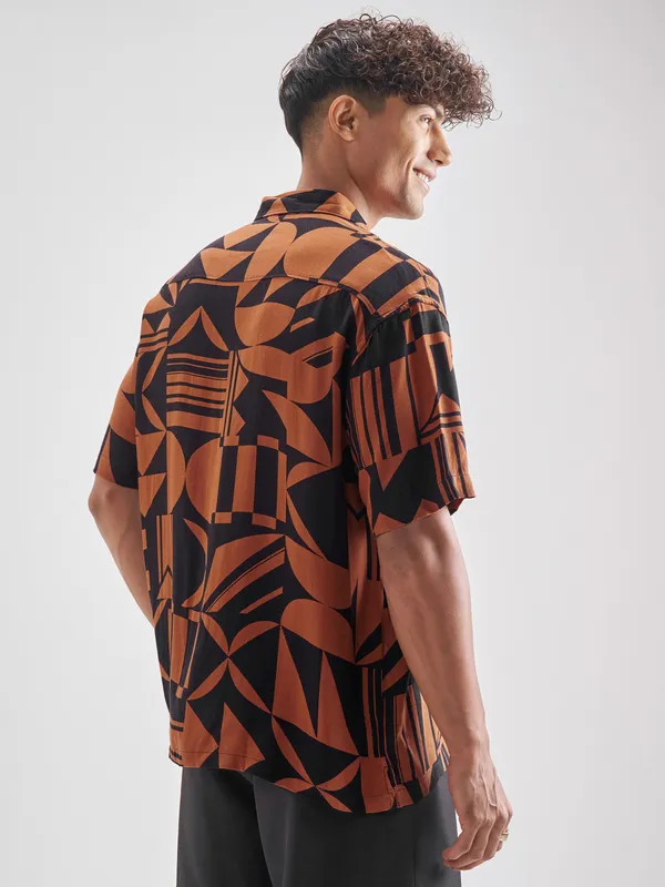Highlander Men Rust Printed Oversized Fit Casual Shirt