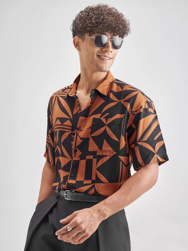 Highlander Men Rust Printed Oversized Fit Casual Shirt