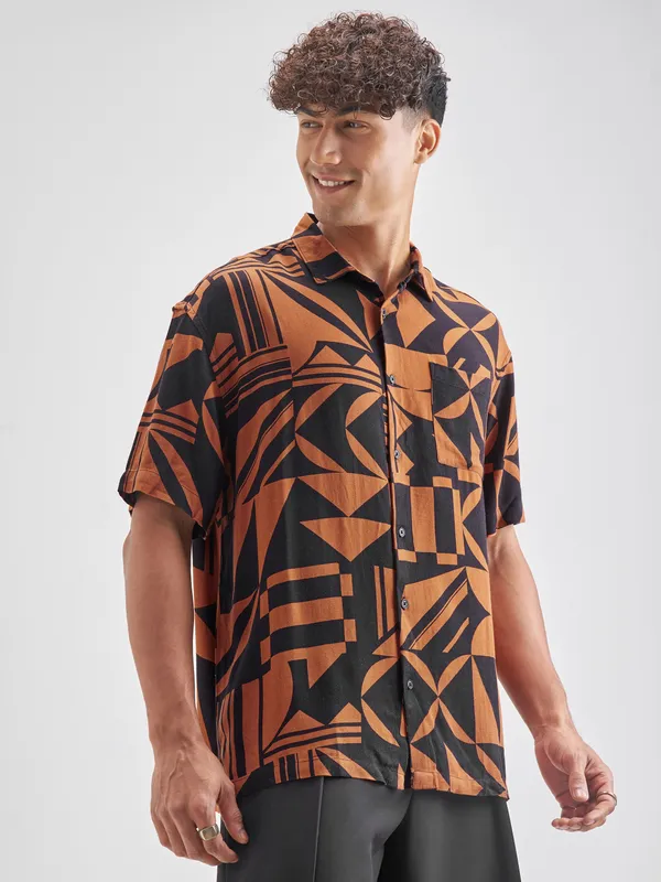 Highlander Men Rust Printed Oversized Fit Casual Shirt
