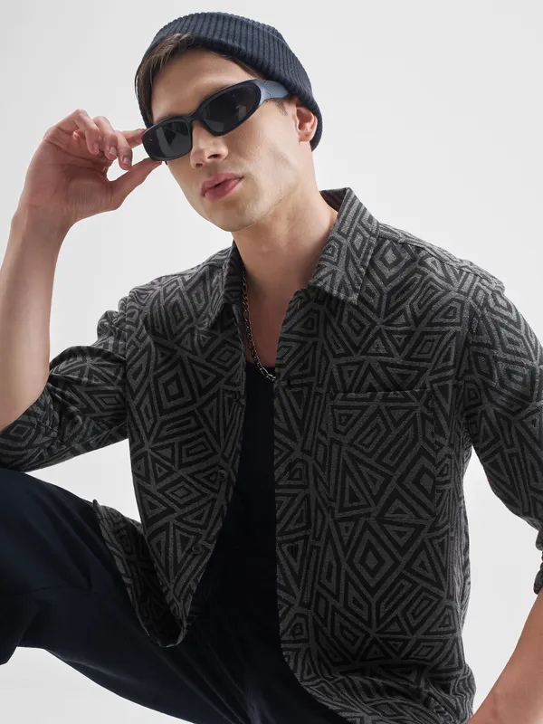 Highlander Men Grey Self Design Relaxed Fit Casual Shirt