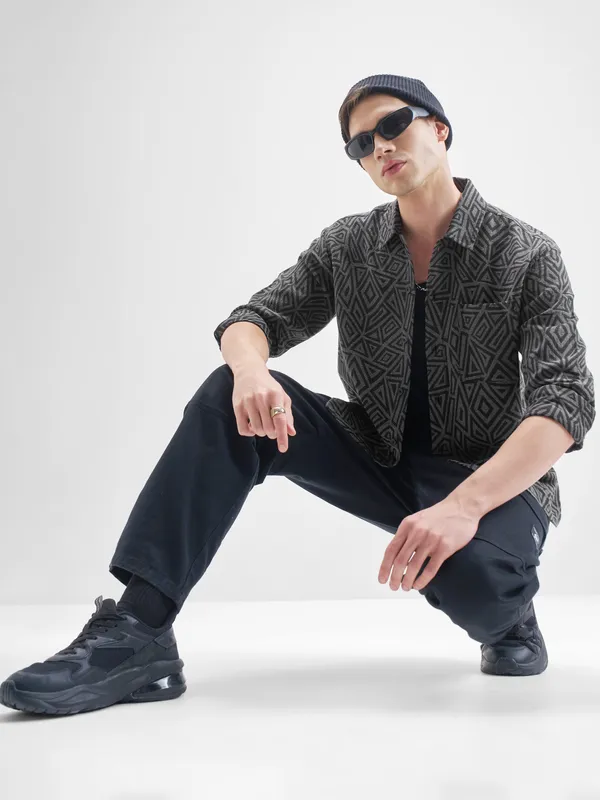 Highlander Men Grey Self Design Relaxed Fit Casual Shirt