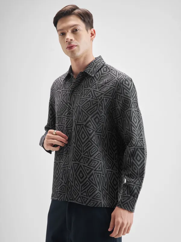 Highlander Men Grey Self Design Relaxed Fit Casual Shirt