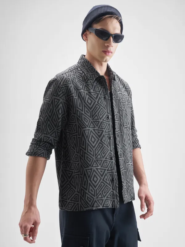 Highlander Men Grey Self Design Relaxed Fit Casual Shirt