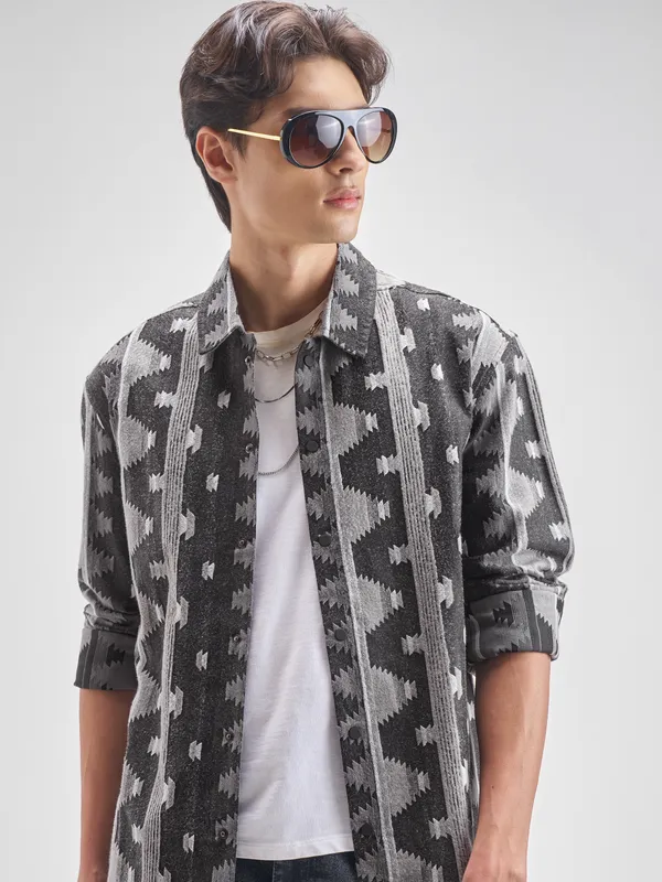 Highlander Men Charcol Self Design Oversized Fit Casual shirt