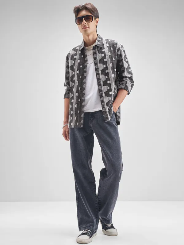 Highlander Men Charcol Self Design Oversized Fit Casual shirt