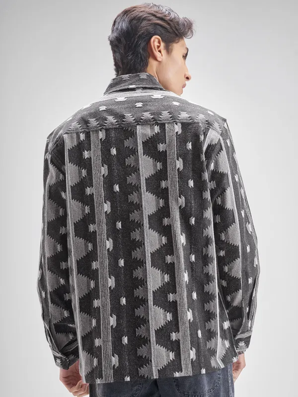 Highlander Men Charcol Self Design Oversized Fit Casual shirt