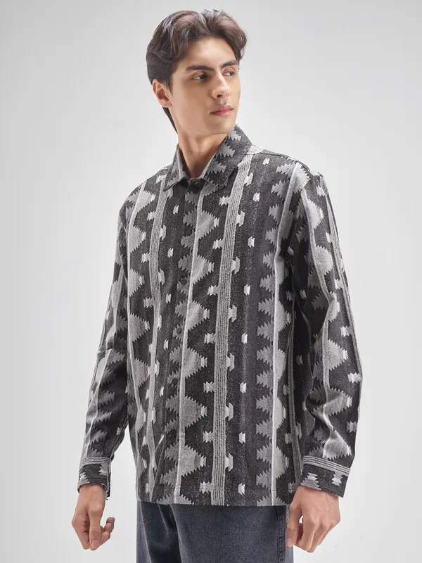 Highlander Men Charcol Self Design Oversized Fit Casual shirt