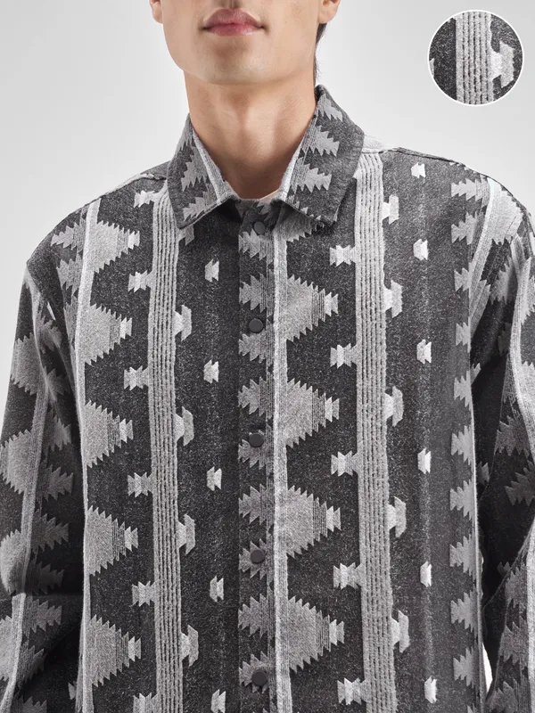 Highlander Men Charcol Self Design Oversized Fit Casual shirt