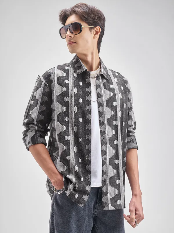 Highlander Men Charcol Self Design Oversized Fit Casual shirt